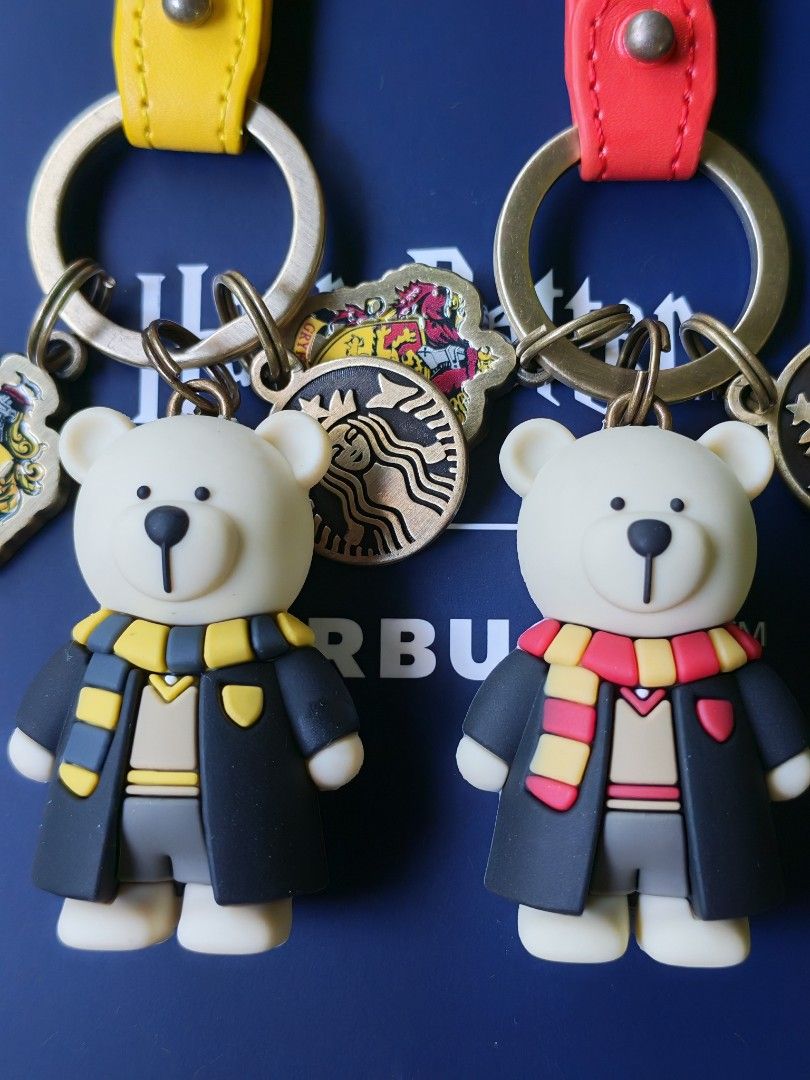 Starbucks Harry Potter Bearista Bear Keychain (Category: Character Goods) located in Quezon City. Submitted by danilo.danilo4 (Listing ID 1430899482, Image 2). Description: Collectible Starbucks Bearista Bear keychains featuring Harry Potter house themes. Each keychain comes in its original box. The keychains feature different colored scarves and straps, representing Gryffindor, Slytherin, Hufflepuff, and Ravenclaw. The keychains are new and unus