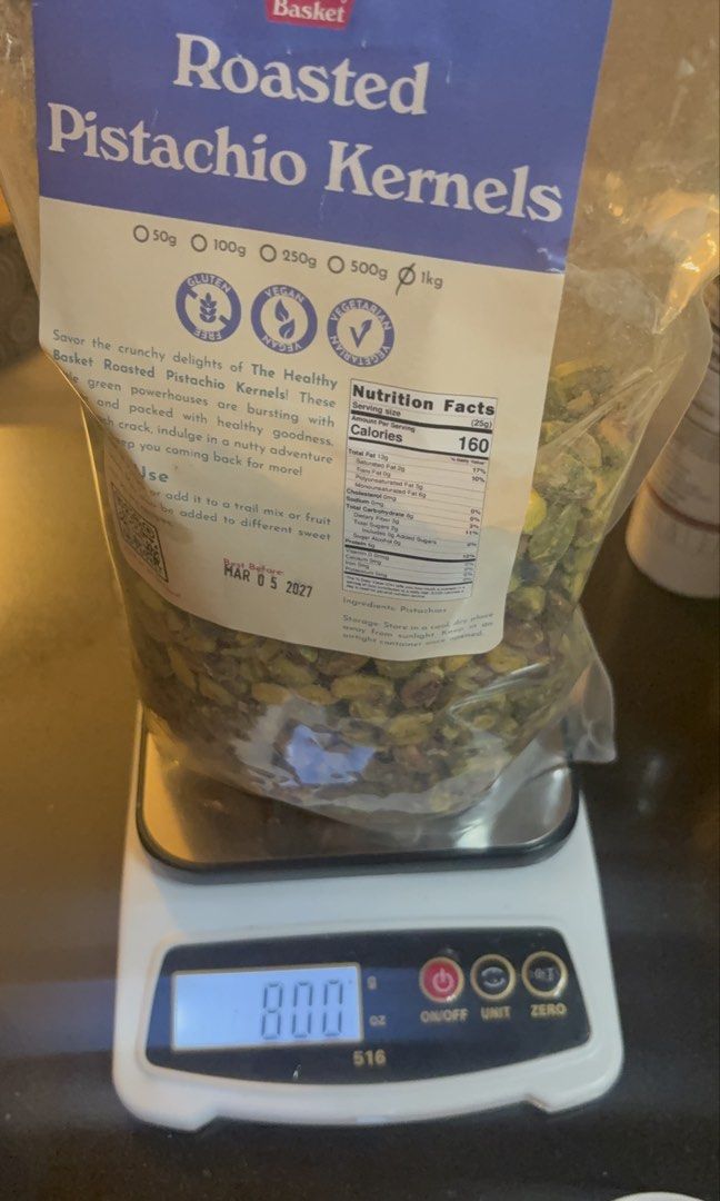 The Healthy Basket Roasted Pistachio Kernels (Category: Other Food & Drinks) located in Quezon City. Submitted by angelolol (Listing ID 1431553248, Image 2). Description: - The Healthy Basket Roasted Pistachio Kernels - Weight: 800 grams - Expiration Date: March 05, 2027 - Delicious and healthy roasted pistachios - Great for snacking or cooking!.