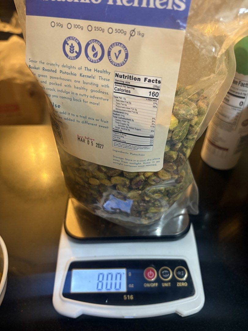 The Healthy Basket Roasted Pistachio Kernels (Category: Other Food & Drinks) located in Quezon City. Submitted by angelolol (Listing ID 1431553248, Image 1). Description: - The Healthy Basket Roasted Pistachio Kernels - Weight: 800 grams - Expiration Date: March 05, 2027 - Delicious and healthy roasted pistachios - Great for snacking or cooking!.