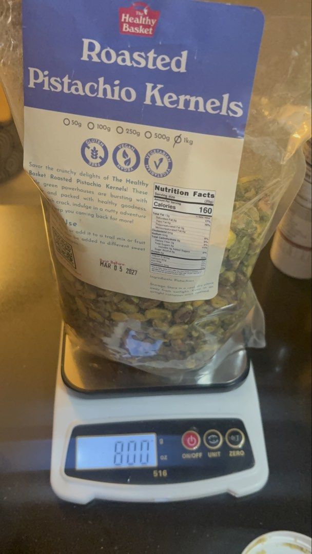 The Healthy Basket Roasted Pistachio Kernels (Category: Other Food & Drinks) located in Quezon City. Submitted by angelolol (Listing ID 1431553248, Image 3). Description: - The Healthy Basket Roasted Pistachio Kernels - Weight: 800 grams - Expiration Date: March 05, 2027 - Delicious and healthy roasted pistachios - Great for snacking or cooking!.