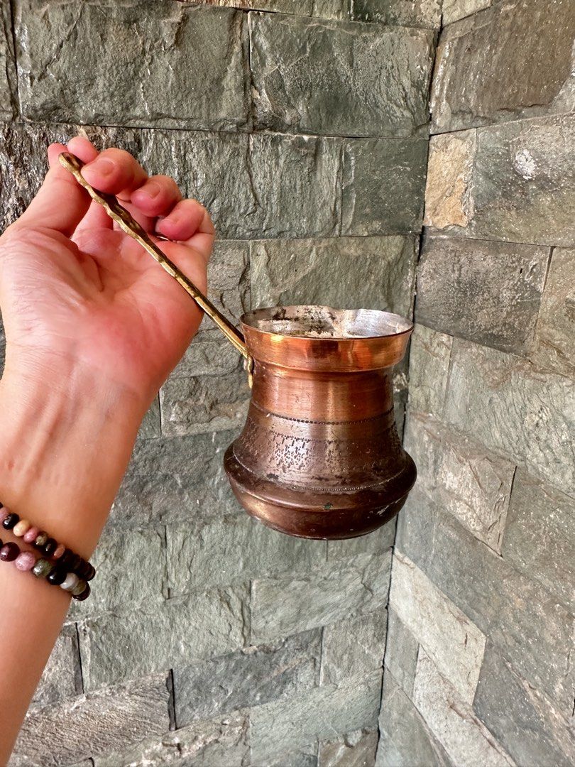 Turkish coffee pot (Category: Coffee & Tea Tableware) located in Paranaque City. Submitted by nixsscloset (Listing ID 1432624898, Image 1). Description: Vintage turkish coffee pot, copper and brass..well used and selling as is.