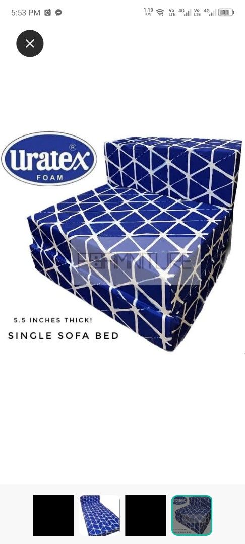 Uratex Single Sofa Bed 09458934385 (Category: Sofas) located in Manila. Submitted by alexandra12740 (Listing ID 1432636842, Image 1). Description: 📌 COD/ GCASH/ 📌 SAME DAY DELIVERY 📌 DIRECT FROM BODEGA 👍 📌 LOWEST PRICE GUARANTEED 👍 🔔OPEN FOR BULK ORDER 💙 Please PM for details and inquiries 👍PRICE STARTS@750 for ordinary.