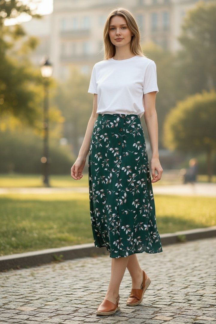 ZALORA Midi Skirt (Category: Skirts) located in Iloilo. Submitted by rubyfaithy (Listing ID 1432623781, Image 1). Description: Green Floral Printed Midi Skirt, Side Button Wrap Skirt, Mid-length A-Line Skirt, Summer Skirt.