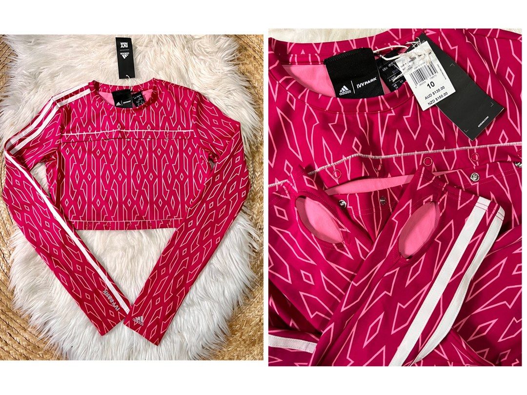 Adidas x Ivy Park Crop Top (Category: Longsleeves) located in Baguio. Submitted by silverearth-fa56 (Listing ID 1432864498, Image 1). Description: - Adidas x Ivy Park crop top - Vibrant pink pattern - Long sleeves with white stripes - Features Adidas logo - Includes Ivy Park tag - Size 10 S-semi med.