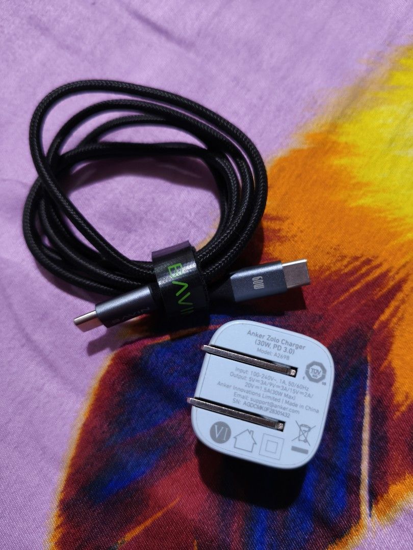Anker 30W USB-C Charger with Braded Bavin 60W Cable (Category: Chargers & Cables) located in Quezon City. Submitted by davetc (Listing ID 1432950314, Image 3). Description: For Sale Anker 30W and Bavin Braded 60W type c to type c cable With Box po pareho Negotiable - Anker 30W USB-C Charger - Includes Bavin 60W USB-C to USB-C cable - Features iQ port - Braided black cable - Two-prong plug - Color: White and Gray Used only on Iphone 17 pro unit rf