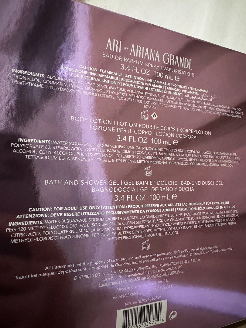 Ari by Ariana Grande Perfume Set (Category: Fragrance & Deodorants) located in Mabalacat. Submitted by legit_goodies (Listing ID 1432975663, Image 2). Description: - Ari by Ariana Grande fragrance set. - Includes a 3.4 fl oz (100 ml) Eau de Parfum spray. - Also includes a body lotion and a bath and shower gel. - Comes in a decorative box. - Features a unique, faceted perfume bottle design. PRICE IS SUPER LOW ALREADY, NO MORE HAGGLING.