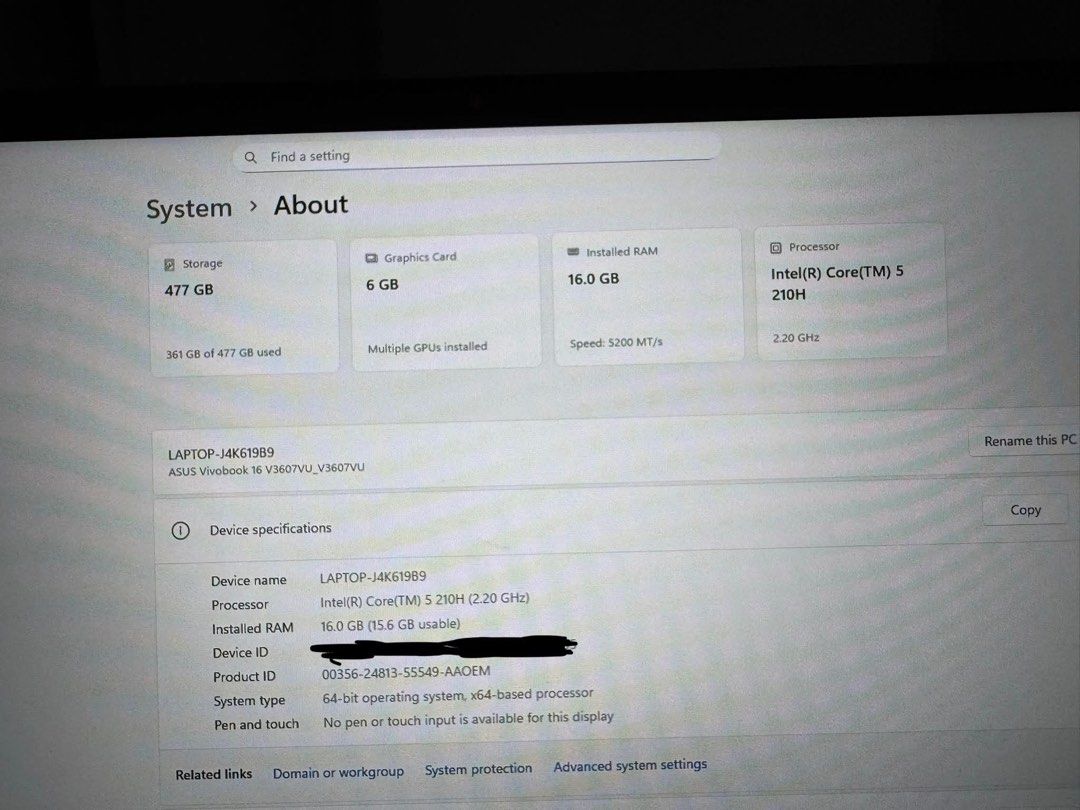 ASUS Vivobook 16 Laptop (Category: Laptops & Notebooks) located in Cebu City. Submitted by nikkisff (Listing ID 1432857464, Image 3). Description: - ASUS Vivobook 16 - Intel Core i5 processor - 16GB RAM - 477GB storage - NVIDIA GeForce RTX graphics - Dark gray color - Includes original charger.