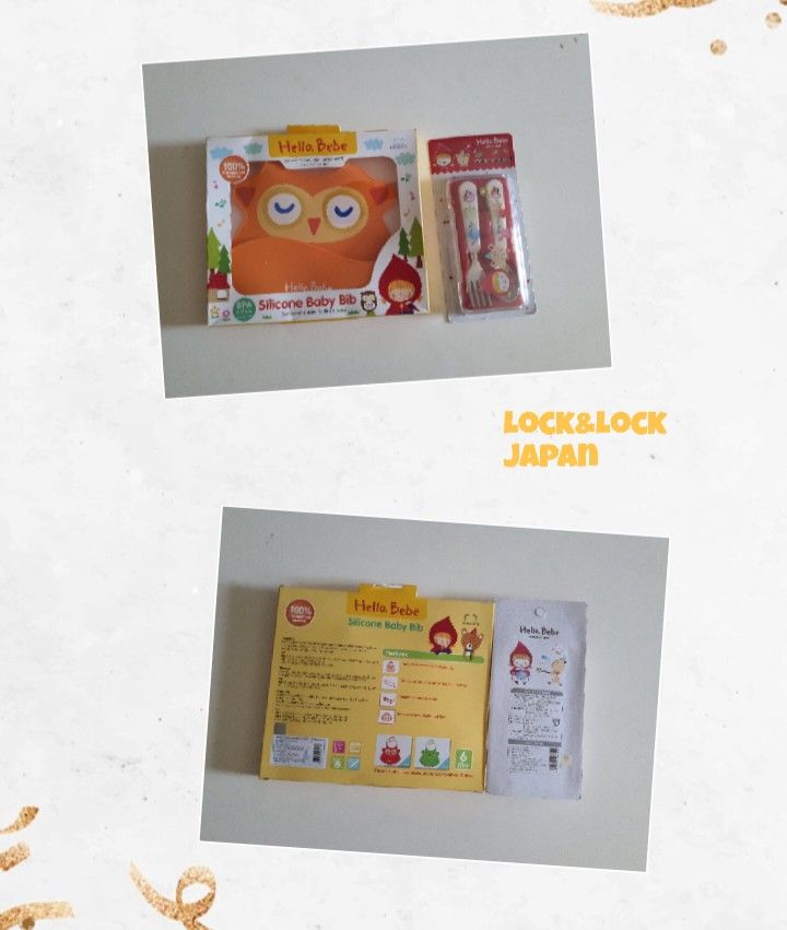 AUTHENTIC JAPAN LOCK&LOCK SET FOR BABIES (Category: Weaning & Toddler Feeding) located in Las Pinas. Submitted by outerwearsmanila (Listing ID 1432853586, Image 2). Description: Hello, Bebe Silicone Baby Bib and Stainless Steel Spoon & Fork Set by the brand Lock&Lock. Designed for toddlers, the set features an orange owl-themed bib and matching red cutlery with a storage case to keep them clean during travel. Key Features Safety: The bib is made 