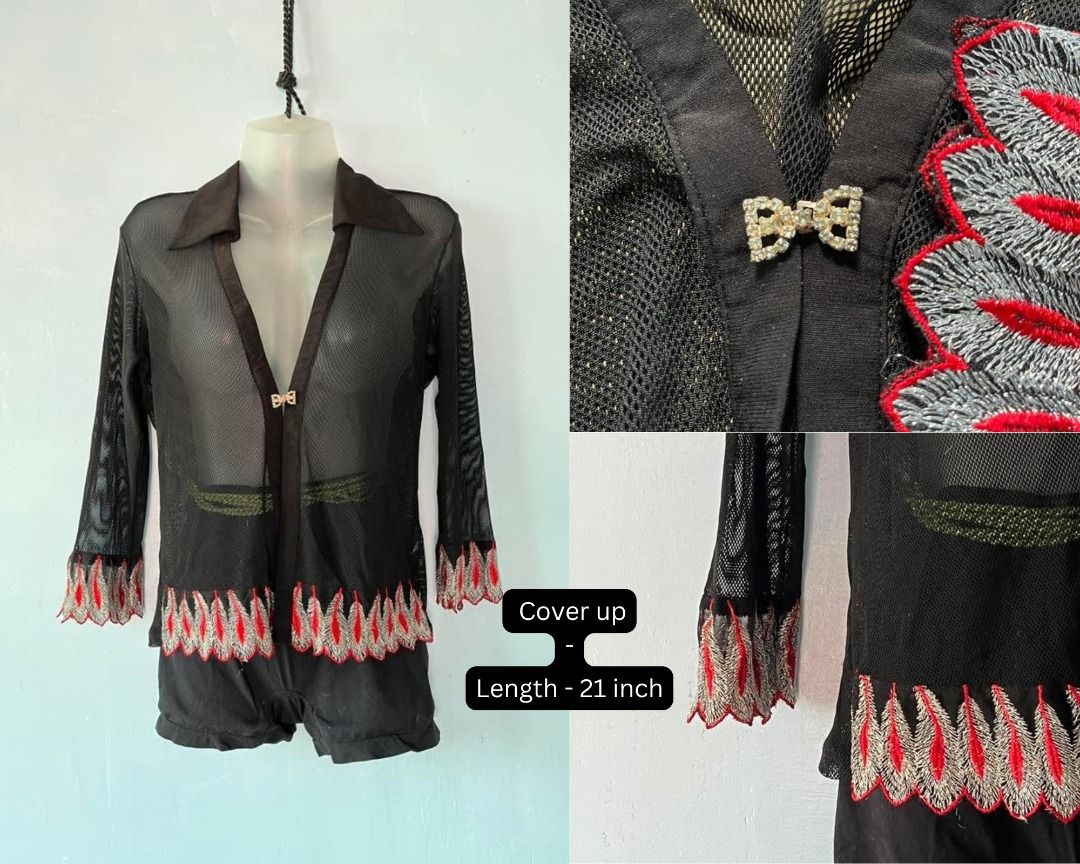 Black Mesh Cover Up with Embroidery (Category: Bikinis & Swimsuits) located in Bulacan. Submitted by allout1 (Listing ID 1432865456, Image 1). Description: - Black mesh cover up - Intricate embroidery - Bow accent - Collared design - Long sleeves - 21 inches length - Perfect for layering can fit XS to medium frame Selling this at a super low price because I really want to declutter 😊 Condition: Still good and wearable. Never used just stored Fla