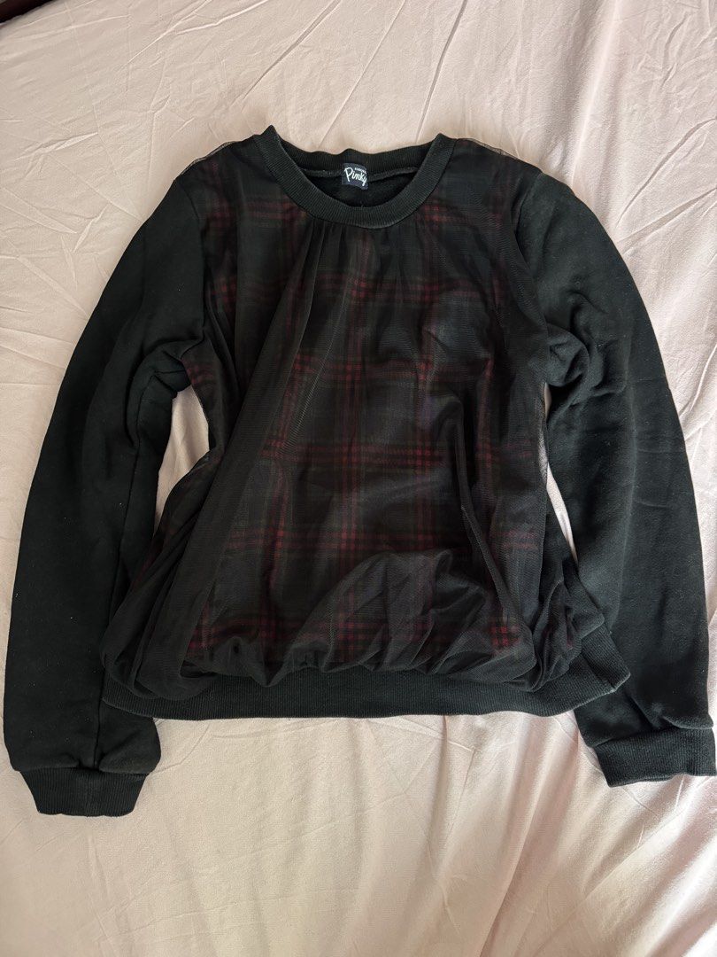 Black Plaid Mesh Gingham Overlay Sweater (Category: Coats, Jackets and Outerwear) located in Manila. Submitted by aimelamode (Listing ID 1432866461, Image 1). Description: - Black sweater - Plaid mesh overlay (red and green) - Round neckline - Long sleeves - Soft material.