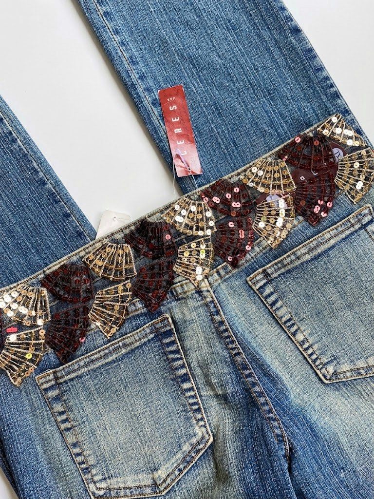 Ceres Embellished Jeans | Sequin | Whimsy | Esoteric | European (Category: Jeans) located in Los Banos. Submitted by samsukehiro (Listing ID 1432818808, Image 3). Description: - Ceres jeans - Light blue wash - Sequin and applique details - Straight leg cut - Includes original tag - Unique and fashionable.