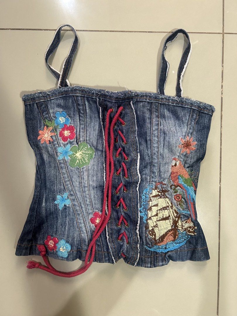 Denim Corset Top with Embroidery (Category: Others Tops) located in Manila. Submitted by k0lab3ar (Listing ID 1432956661, Image 1). Description: - Lace-up front - Back zipper closure - Fits XS.