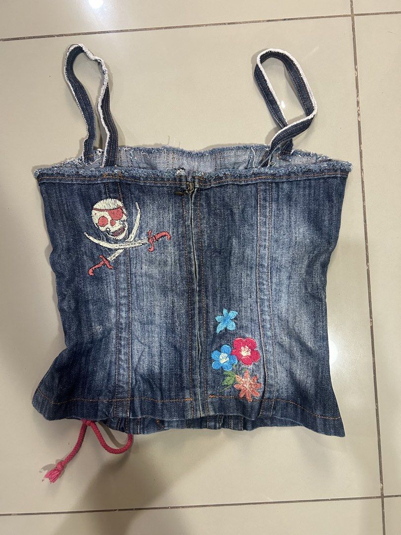 Denim Corset Top with Embroidery (Category: Others Tops) located in Manila. Submitted by k0lab3ar (Listing ID 1432956661, Image 2). Description: - Lace-up front - Back zipper closure - Fits XS.