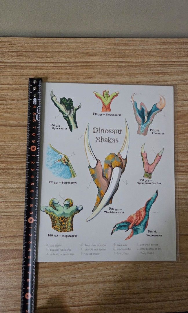 Dinosaur Shakas Print (10 x 7.5 in) (Category: Wall Decor) located in Taguig. Submitted by tinosaur (Listing ID 1432939077, Image 2). Description: - Dinosaur Shaka art print - Artwork by Danielle Villoria from Hawaii -25.5 x 20 cm (10x 7.5 inches) - Features dinosaur shaka illustrations - Sealed in plastic - Bought in Hawaii ($20) - no flaws. Printed on thick cardboard.