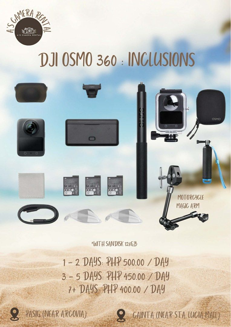 DJI Osmo 360 - FOR RENT (Category: Cameras) located in Pasig City. Submitted by silent.andreajean (Listing ID 1432956160, Image 1). Description: DJI Osmo 360 📍Pasig (Near Arcovia) 📍Cainta (Near Sta. Lucia Mall) Transaction will on our FB page..