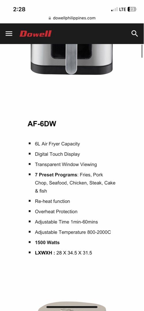 Dowell AF-6DW Air Fryer (Category: Fryers) located in Calamba. Submitted by lelesellhere (Listing ID 1432910319, Image 3). Description: ‼️ BRAND NEW AND WITH WARRANTY ‼️ WITH BOX 🌸 got for a gift original price: 4,500! selling it 3,500! final price! - 6L Capacity - Digital Touch Display - Transparent Viewing Window - 7 Preset Programs - Re-heat Function - Overheat Protection - Adjustable Time & Temperature - 1500 Watts.