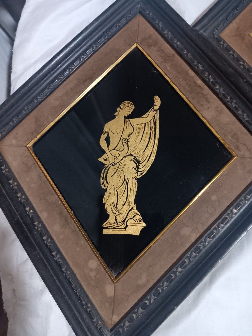 Framed Wall Art - Gold Figures (Category: Wall Decor) located in Las Pinas. Submitted by jesus1smysavi0r (Listing ID 1432872243, Image 2). Description: - Set of two framed wall art pieces - Features gold figures on a black background - Decorative frames with a brown inner frame - Ready to hang.