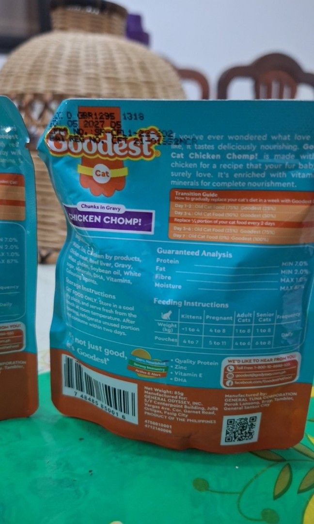 Goodest Wet Cat Food 85g (Category: Pet Food) located in Vigan. Submitted by altrue (Listing ID 1432911296, Image 3). Description: 2pcs Goodest wet cat food 85g Chicken Chomp Flavor Expiry Date: May 2027.