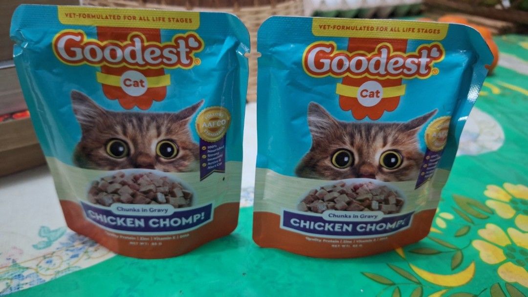 Goodest Wet Cat Food 85g (Category: Pet Food) located in Vigan. Submitted by altrue (Listing ID 1432911296, Image 1). Description: 2pcs Goodest wet cat food 85g Chicken Chomp Flavor Expiry Date: May 2027.