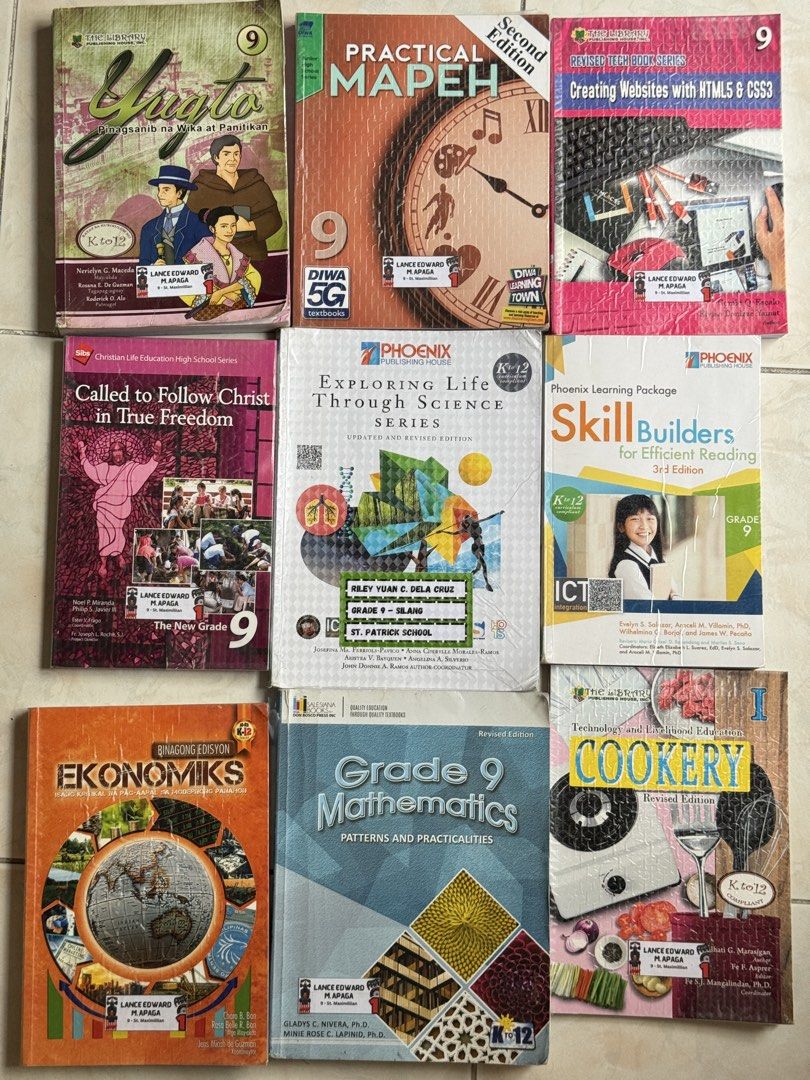 Grade 9 Books (Category: Textbooks) located in Valenzuela. Submitted by mga_abubot (Listing ID 1432831113, Image 1). Description: Minimal to no writings Has highlights for take all only - 3,500.