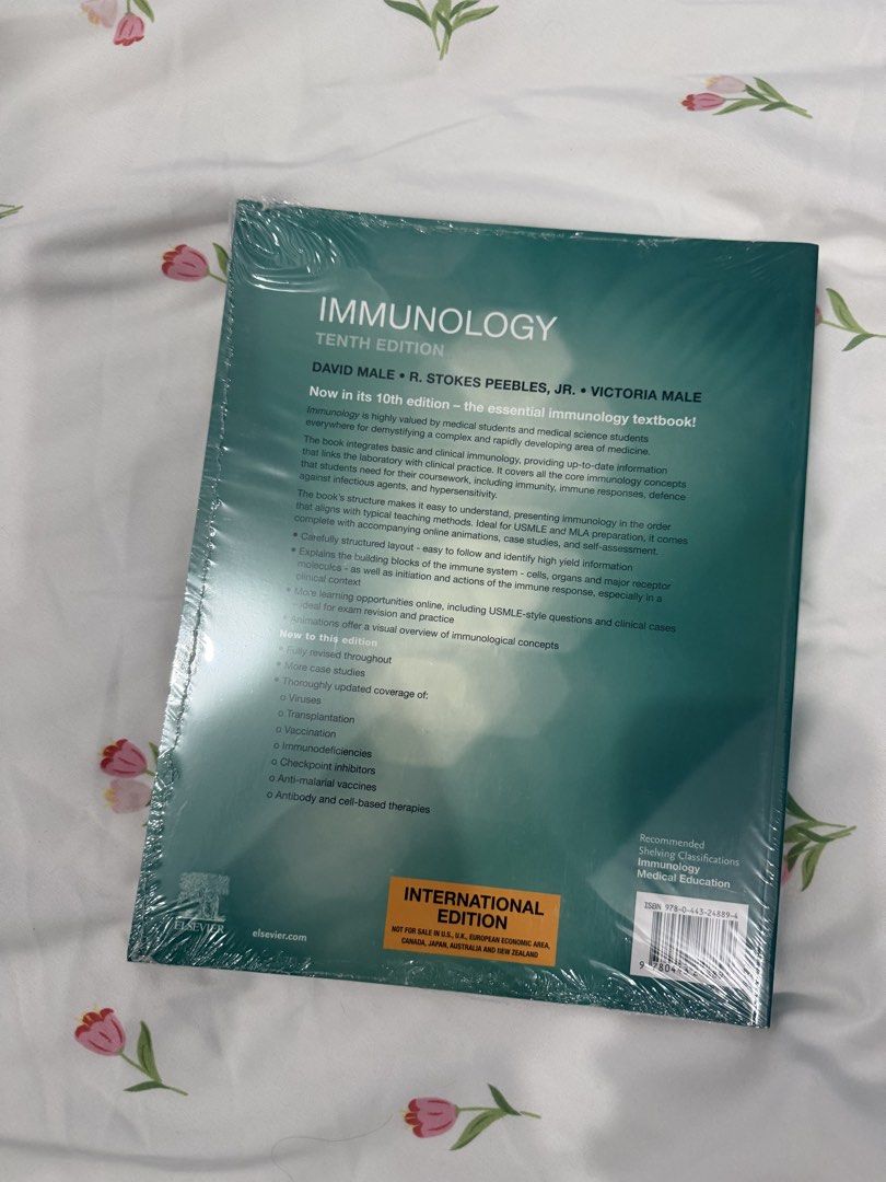 Immunology Book - Tenth Edition International Edition (Category: Textbooks) located in Manila. Submitted by samieeeeeee (Listing ID 1432854251, Image 2). Description: - Immunology Tenth Edition textbook - International edition - Suitable for medical students and professionals - Covers basic and clinical immunology - Prepares you for coursework and exams (USMLE/MLA) - Updated content on viruses and vaccines - Published by Elsevier.