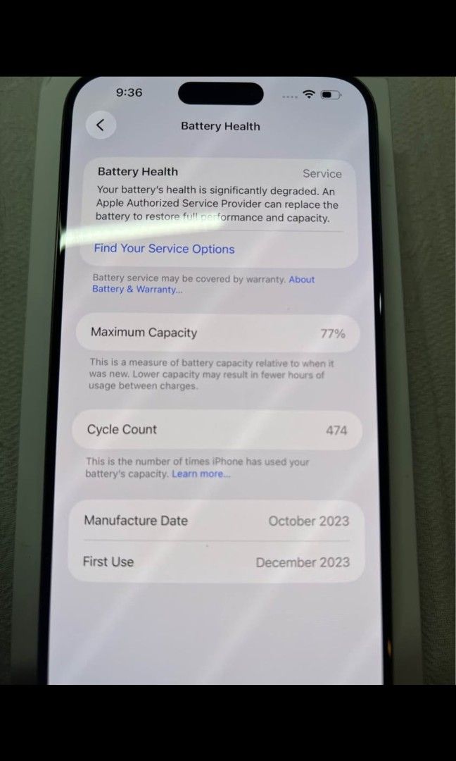 Iphone 15 pro max (Category: iPhone 15 Series) located in Manila. Submitted by nsap11 (Listing ID 1432879728, Image 3). Description: Iphone 15 Pro Max 256gb 77% Battery Health (Original Battery) No history of repair ✅Powermac origin ✅Truetone ✅Face ID ✅No Sim Restrictions ✅All buttons working ✅All cameras working ✅Orig all parts ✅Unli Check/Reset 📍Meetup around angeles city, (Nepo).