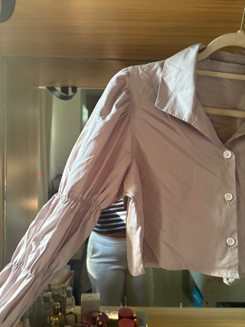 Lavender/Gray Gathered Long Sleeve Buttondown (Category: Blouses) located in Cebu City. Submitted by addtocarteu (Listing ID 1432892624, Image 2). Description: 🪁 vvv dainty & pretty top 🪁 best fits small to medium frames 🪁 rfs: decluttering 📍Cebu City.