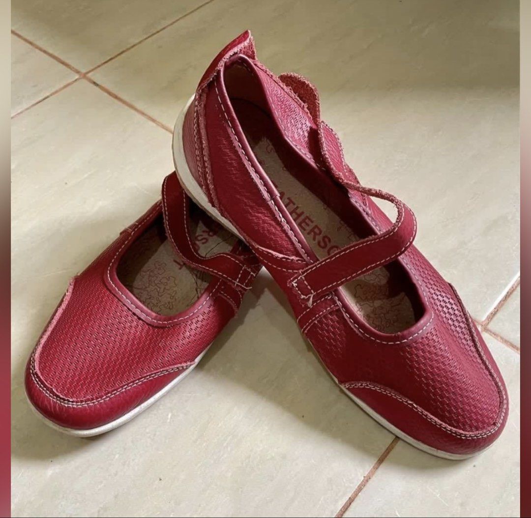 LeatherSoft Mary Jane Shoes (Category: Heels) located in Cabadbaran. Submitted by KsGoodFind (Listing ID 1432865968, Image 1). Description: - Brand: LeatherSoft - Style: Mary Jane - Color: Red upper with white stitching - Features: Textured upper, strap closure, white sole - Perfect for: Everyday wear.