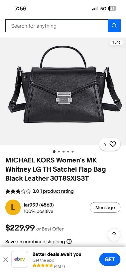 Michael Kors Whitney Handbag medium (Category: Luxury Bags & Wallets) located in Manila. Submitted by kiersten2792 (Listing ID 1432922609, Image 3). Description: - Authentic Michael Kors Whitney handbag - Color: Black - Features a top handle - Flap closure with silver-tone clasp - Material: Leather - Selling due to decluttering - Guaranteed original—but no inclusions already Slightly negotiable!!!.