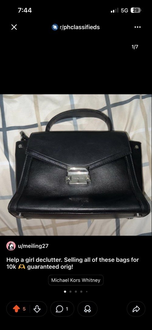 Michael Kors Whitney Handbag medium (Category: Luxury Bags & Wallets) located in Manila. Submitted by kiersten2792 (Listing ID 1432922609, Image 1). Description: - Authentic Michael Kors Whitney handbag - Color: Black - Features a top handle - Flap closure with silver-tone clasp - Material: Leather - Selling due to decluttering - Guaranteed original—but no inclusions already Slightly negotiable!!!.