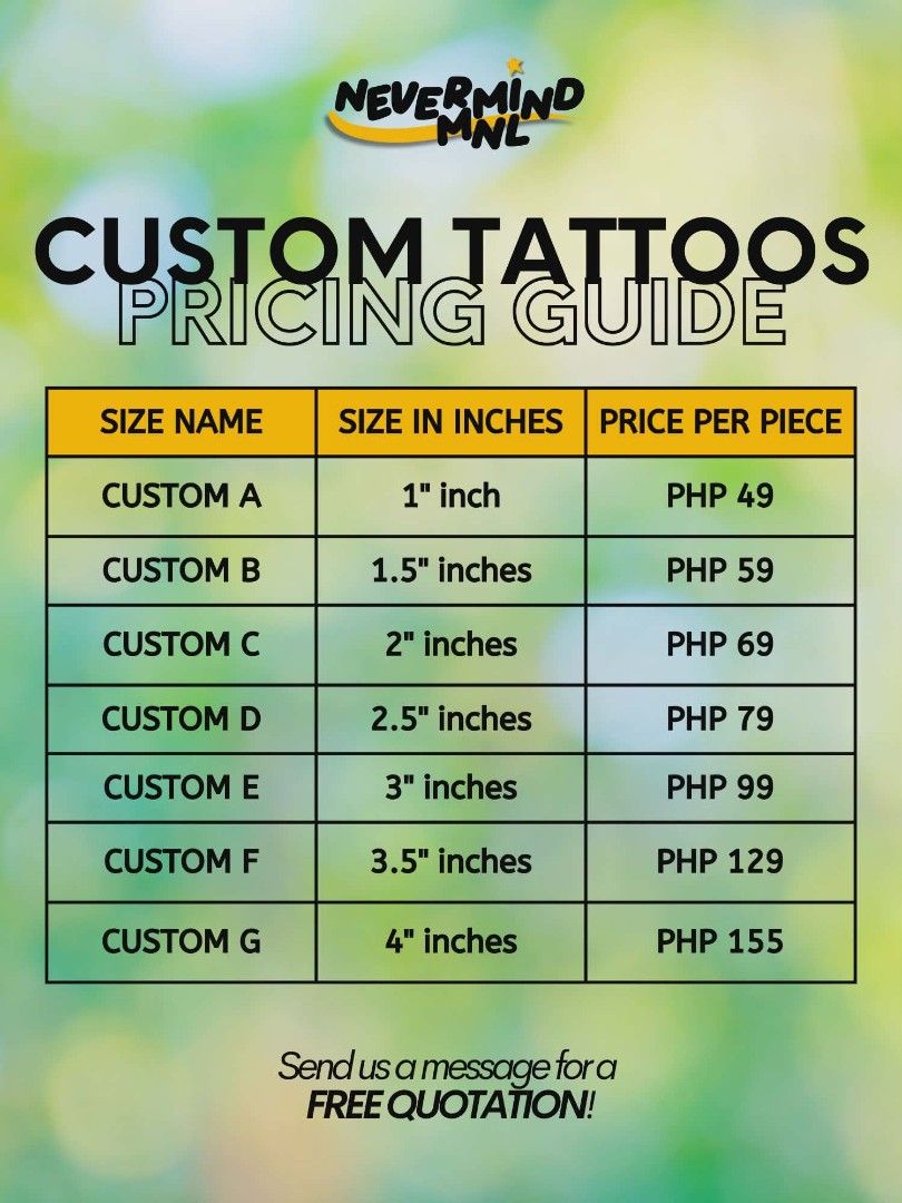 Nevermind MNL Temporary Tattoos - Custom Sizes (Category: Art & Prints) located in Las Pinas. Submitted by nevermindmnl (Listing ID 1432989672, Image 3). Description: - Custom temporary tattoos by Nevermind MNL! - Sizes: 1" to 4" inches - Price: Starting at PHP 49 per piece - Designs: Nevermind MNL logo and unique graphics - Perfect for events or personal use - Get a free quotation - send us a message!.