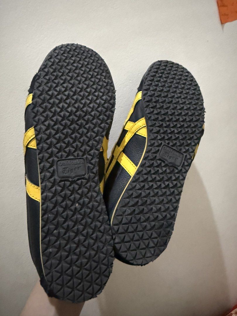 Onitsuka Tiger Mexico 66 Black/Yellow (Category: Sneakers) located in Quezon City. Submitted by msaisa (Listing ID 1432937681, Image 3). Description: Onitsuka Tiger Mexico 66 sneakers in black and yellow. The shoes come with their original box. The size is 4.5 for women, 7 for men, and 38 for EUR. The shoes have black laces and the Onitsuka Tiger logo on the heel and insole. The soles are black with a textured pattern..
