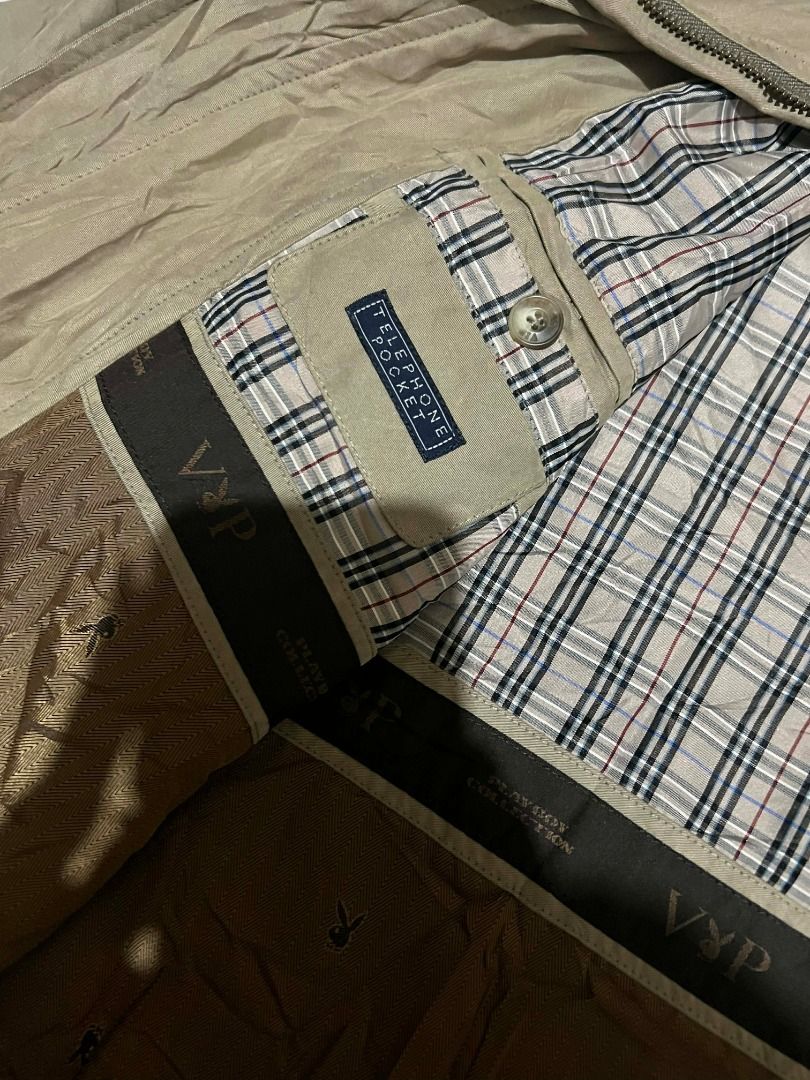 Playboy VIP Collection Jacket - Size L (Category: Coats, Jackets and Outerwear) located in Caloocan City. Submitted by meadowfindz (Listing ID 1432994410, Image 3). Description: - Playboy VIP Collection jacket - Size: L - Color: Beige exterior - Lining: Plaid pattern - Closure: Zipper - Pockets: Multiple, including a 'telephone pocket' - Branding: Playboy VIP Collection logo on zipper and interior label.