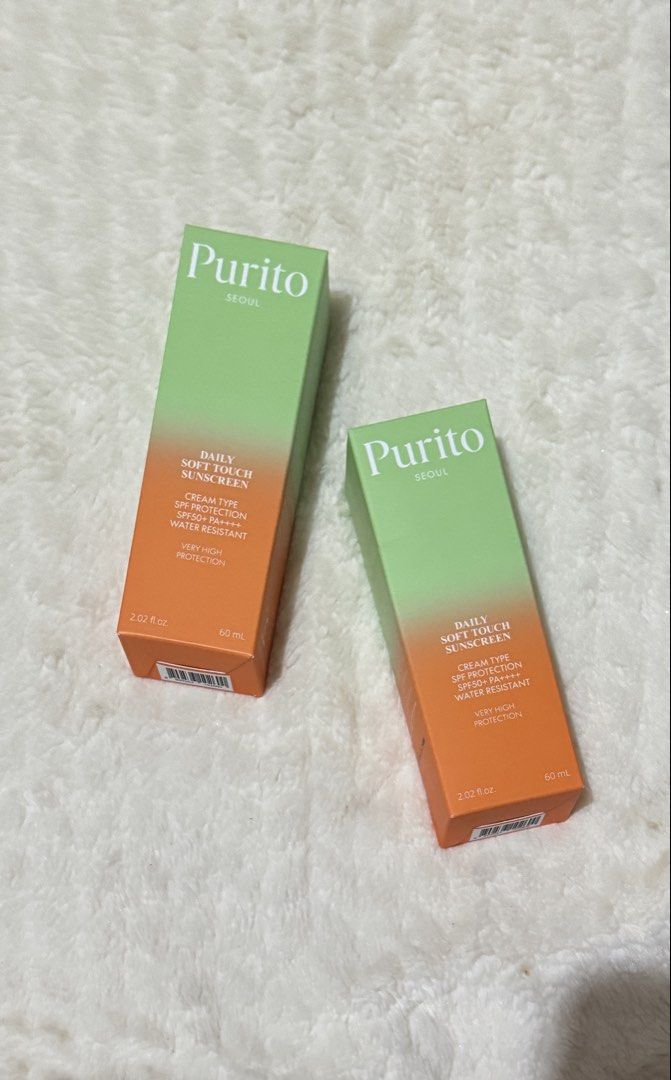 Purito Daily Soft Touch Sunscreen 60ml (Category: Face Care) located in Pasay City. Submitted by zette_ (Listing ID 1432964082, Image 1). Description: 💯% FROM OLIVE YOUNG 💯% AUTHENTIC FROM SOUTH KOREA - Purito Daily Soft Touch Sunscreen - SPF50+ PA++++ - Cream type, water-resistant - Contains 60 ml / 2.02 fl. oz. - Formulated with five ceramides - New and sealed.