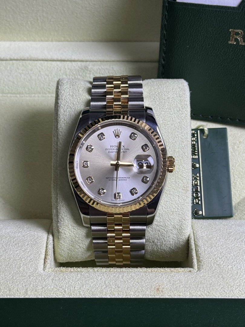 Rolex Datejust 36 (Category: Luxury Watches) located in Quezon City. Submitted by LuxPieces (Listing ID 1432992985, Image 3). Description: Rolex Datejust Size 36mm Silver Diamond Dial Ref. 116233 Super Jubilee Complete Set Year 2005 9.5/10 condition 585k only.