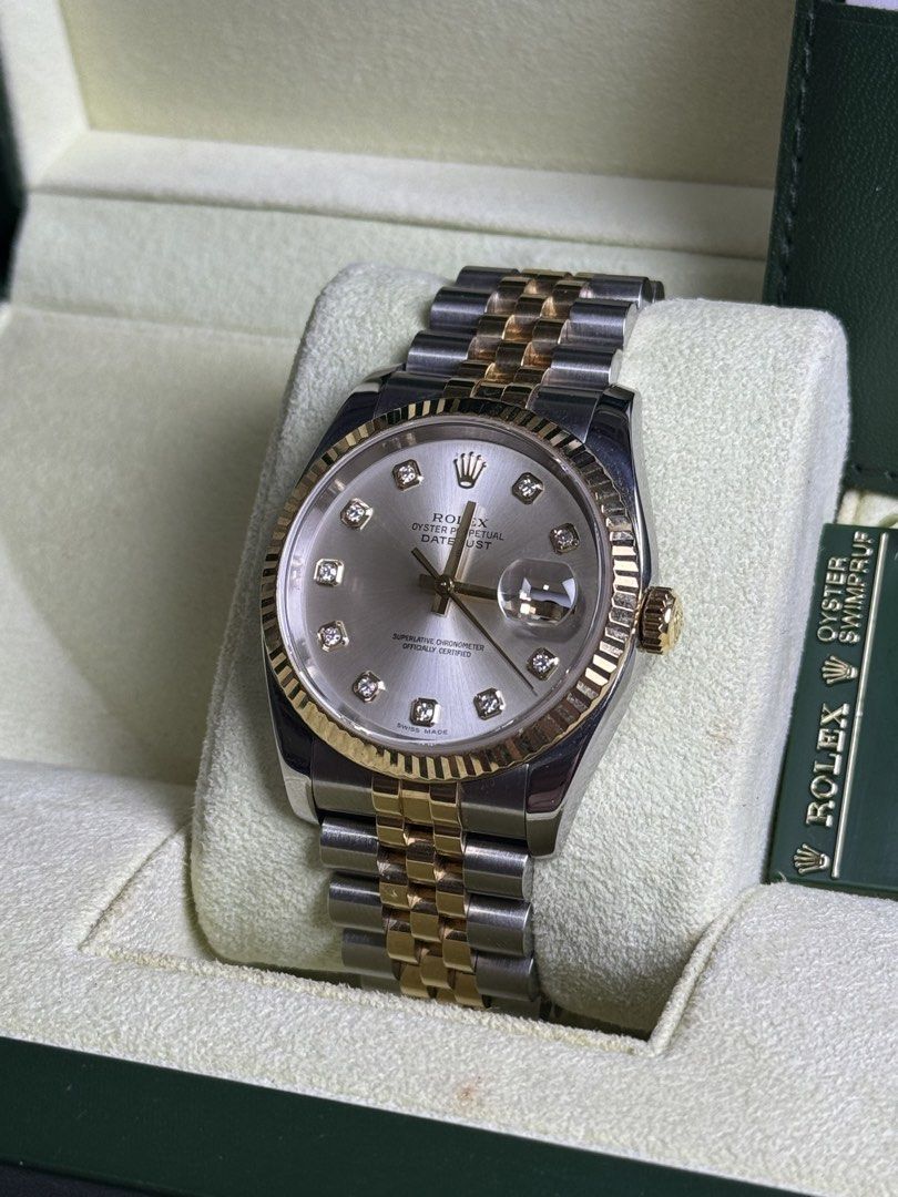 Rolex Datejust 36 (Category: Luxury Watches) located in Quezon City. Submitted by LuxPieces (Listing ID 1432992985, Image 2). Description: Rolex Datejust Size 36mm Silver Diamond Dial Ref. 116233 Super Jubilee Complete Set Year 2005 9.5/10 condition 585k only.