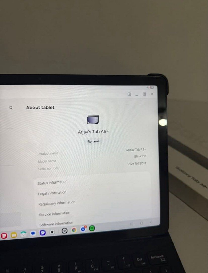 Samsung Galaxy Tab A9+ SM-X210 (Category: Android) located in Manila. Submitted by zjeven0297378 (Listing ID 1432883967, Image 2). Description: - Samsung Galaxy Tab A9+ (SM-X210) with keyboard case - Storage: 93.3GB - Available Memory: 2.5GB - Battery Life: 8 hours 50 minutes (15% remaining) - Includes original box - Model Number: SM-X210 - Serial Number: R92Y707801T.