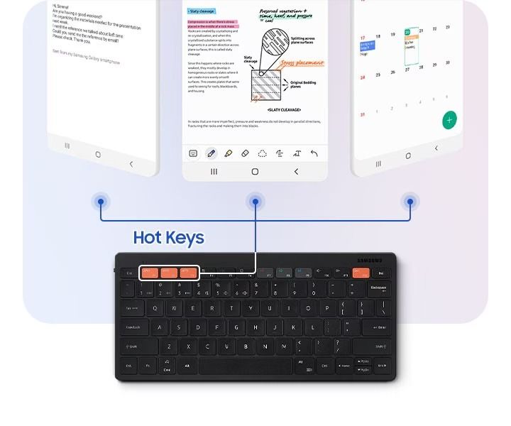 Samsung Smart Keyboard Trio 500 (Category: Computer Keyboard) located in Davao. Submitted by nerftoydepot (Listing ID 1432861539, Image 3). Description: - Samsung Smart Keyboard Trio 500 - Wireless and compact design - Black color - Standard keyboard layout - Features hotkeys for quick access - Compatible with multiple devices - Portable and ideal for on-the-go use.