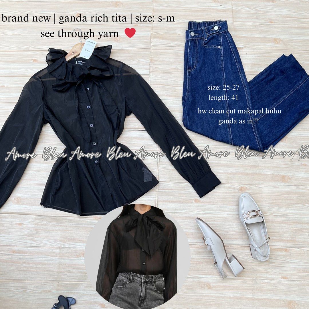See Through Top and High-Waisted Jeans (Category: Sleeveless) located in Malasiqui. Submitted by amorexbleu (Listing ID 1432835555, Image 1). Description: - Top: See-through yarn material with bow detail - Size: S-M - Jeans: High-waisted, clean cut - Jeans Size: 25-27 - Jeans Length: 41 - Perfect for a chic outfit.