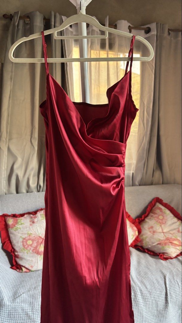 SHEIN Red Satin Dress (Category: Dresses) located in Taguig. Submitted by bncxx (Listing ID 1432879188, Image 3). Description: Like New Used once only RFS: Hindi nagagamit sayang lang if nakatago Size: Small Bought this for 500 .