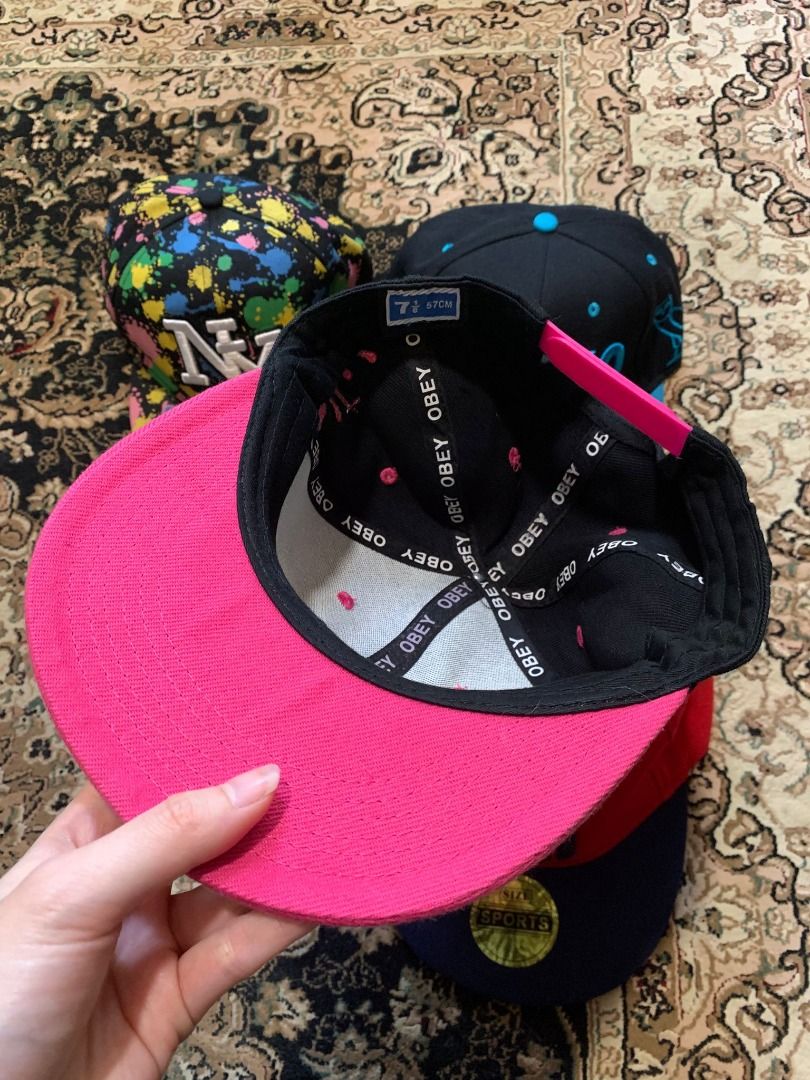 Snapback Caps - Bundle (Category: Cap & Hats) located in Petaling Jaya. Submitted by zhuann_ (Listing ID 1432891399, Image 3). Description: Snapback cap collection - selling as a bundle. Individual prices: - Pink Obey cap - RM15 - NY Cap - RM10 - OVO Cap - RM10 - Undefeated cap - RM10.