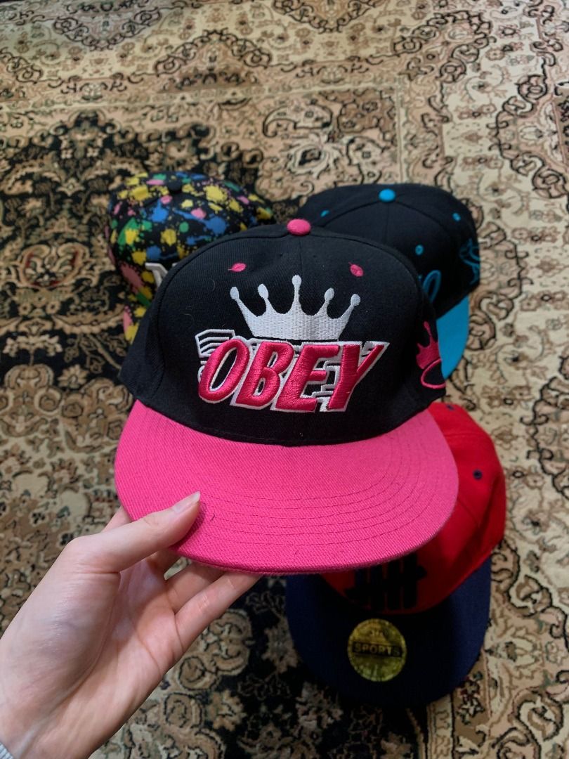 Snapback Caps - Bundle (Category: Cap & Hats) located in Petaling Jaya. Submitted by zhuann_ (Listing ID 1432891399, Image 2). Description: Snapback cap collection - selling as a bundle. Individual prices: - Pink Obey cap - RM15 - NY Cap - RM10 - OVO Cap - RM10 - Undefeated cap - RM10.