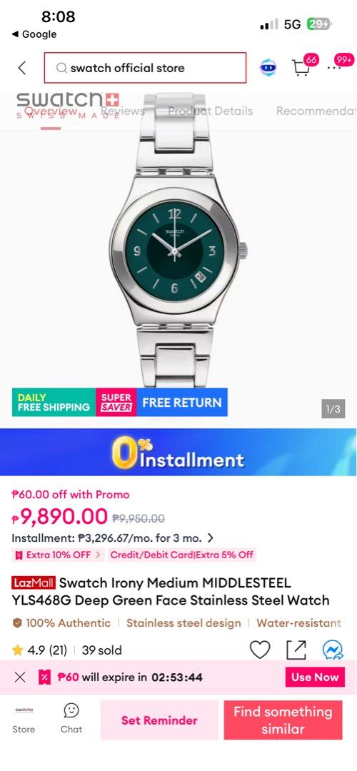 Swatch Irony Medium YLS468G Deep Green Watch (Category: Women's Watches) located in Manila. Submitted by kiersten2792 (Listing ID 1432924318, Image 3). Description: - Swatch Irony Medium watch - Deep green dial - Stainless steel case and bracelet - Water-resistant - Model: YLS468G - Swiss Made -bilhin niyo na please! This was a couple watch with my ex boyfriend so I want to get rid of it lol -slightly negotiable -sold online and Swatch kiosks for