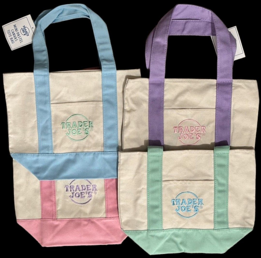 Trader Joe's Mini Pastel Canvas Tote Bag (Category: Tote Bags) located in Rizal. Submitted by pispis190611 (Listing ID 1432924802, Image 1). Description: - Adorable Trader Joe's mini canvas tote bags - Pastel colors with embroidered Trader Joe's logo - Features a small pocket - Available in blue, purple, and green - Perfect for carrying small items or as a stylish accessory.