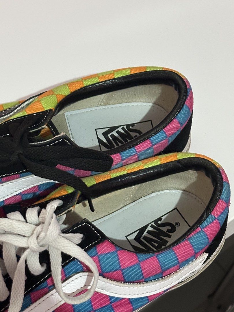 Vans Old School V36 Og Billy's Mix Checkerboard (Category: Sneakers) located in Baguio. Submitted by illegi (Listing ID 1432809384, Image 3). Description: - Original Vans Old Skool sneakers - Colorful checkerboard pattern - Black suede toe and heel panels - Interchangeable strips - Includes black and white laces - Size: US 10.5, EUR 44.5 - Bought from Australia - Vans logo on insoles - No Box.