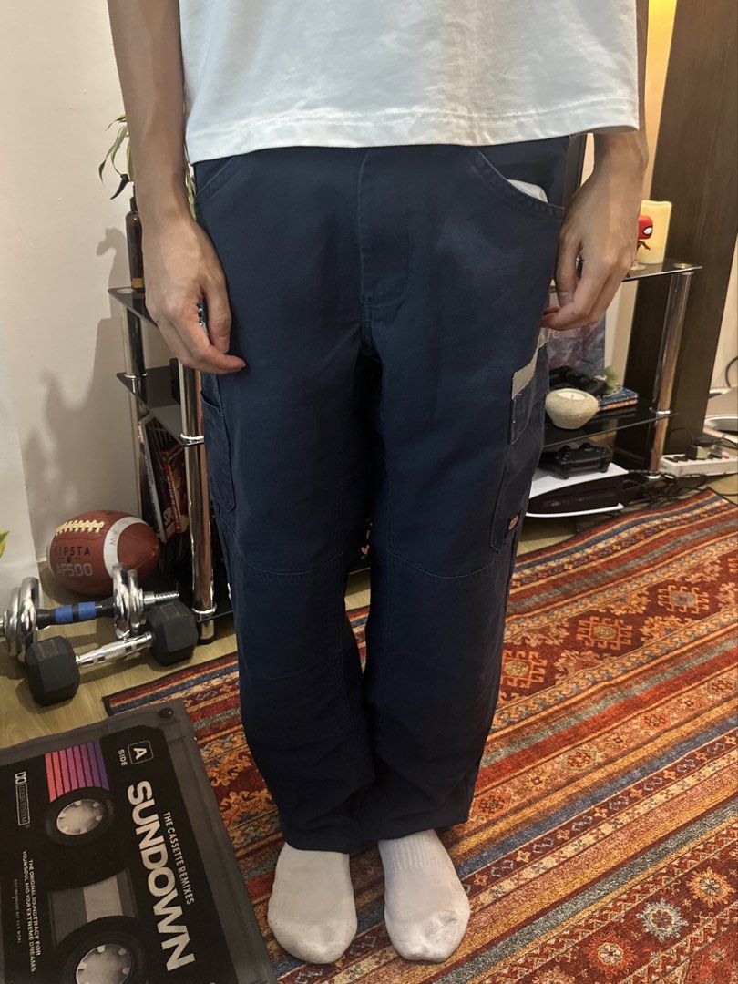 Vintage Redkap Wide Navy Carpenter Pants (Category: Trousers) located in Quezon City. Submitted by mudsoapgrails (Listing ID 1432879025, Image 3). Description: Size 30 on tag Waist: 28-30” Rise: 11” Hips: 39” Outseam: 39” Inseam: 29” Height of model: 5’9 Condition: 7.5/10 (fading on gray patches).