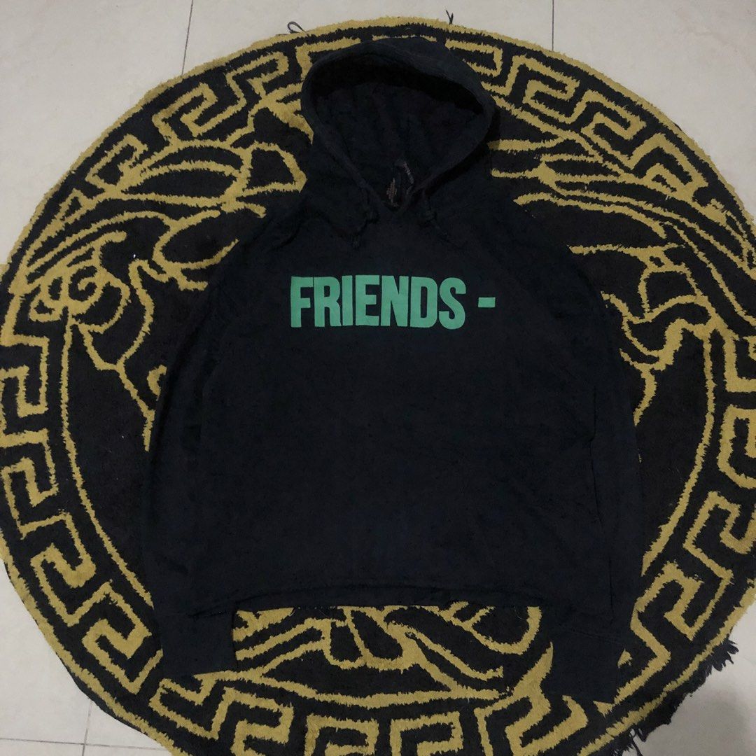 Vlone Friends Hoodie (Category: Hoodies) located in Quezon City. Submitted by yeahsource222 (Listing ID 1432978981, Image 1). Description: - Vlone Friends hoodie - Size: S - Color: Black with green print - Design: "FRIENDS -" front print, large "V" back print - Features: Hood with drawstrings - Material: Dry clean only.