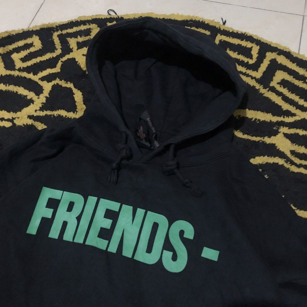Vlone Friends Hoodie (Category: Hoodies) located in Quezon City. Submitted by yeahsource222 (Listing ID 1432978981, Image 3). Description: - Vlone Friends hoodie - Size: S - Color: Black with green print - Design: "FRIENDS -" front print, large "V" back print - Features: Hood with drawstrings - Material: Dry clean only.