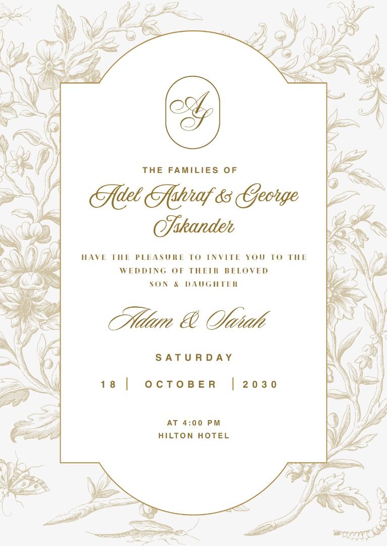 Wedding Invitation - Adam & Sarah (Category: Storybooks) located in Santa Rosa. Submitted by lineai (Listing ID 1432901585, Image 1). Description: - Elegant wedding invitation for Adam and Sarah - Features a beautiful floral pattern - Uses a classic, easy-to-read font - Includes family names - Ceremony date and time included - Venue: Hilton Hotel.