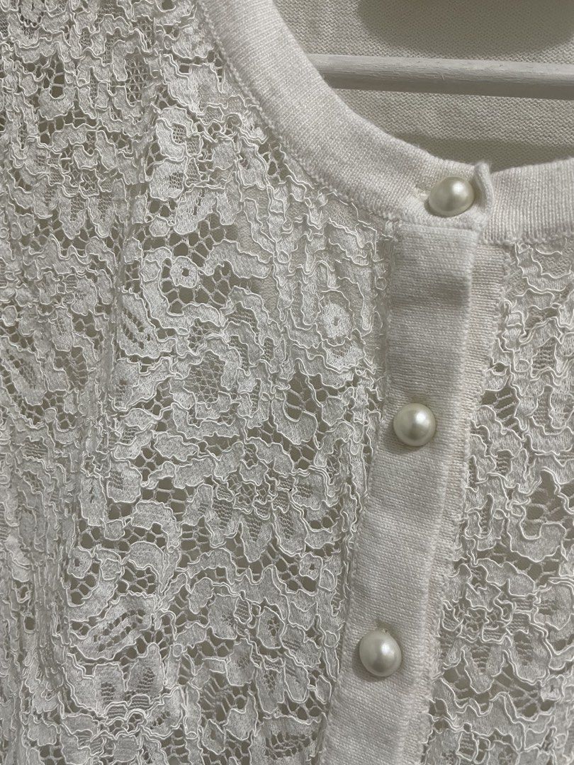 White Lace Cardigan (Category: Coats, Jackets and Outerwear) located in Las Pinas. Submitted by serialthrifter (Listing ID 1432957862, Image 2). Description: - White lace cardigan - Pearl buttons - Classic round neckline - Versatile layering piece.